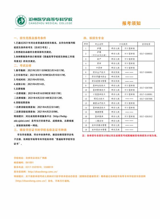 2021年沧州医专高职单独考试招生简章